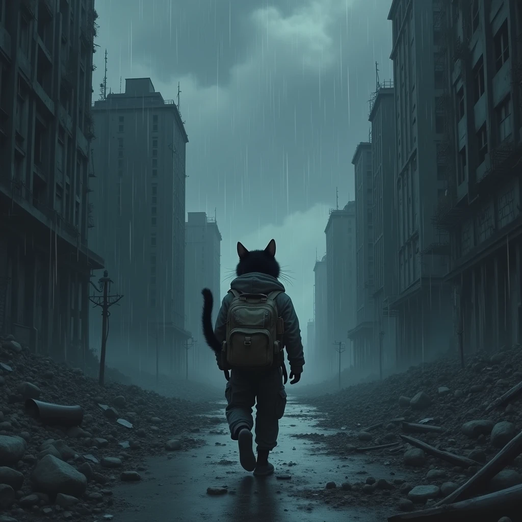 Night, storm, rain, A survivor black (cat) with bag packs in human clothes walks through a destroyed city, action