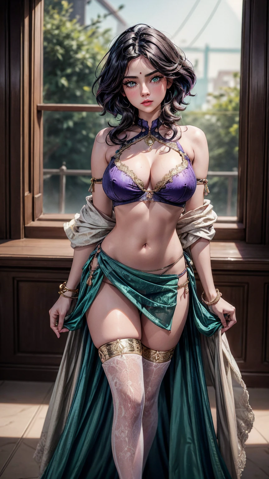 Indian girl in hot sealess crop top showing her cleavage and Lehenga thik hips and legs.( Hight 6.4)Details, masterpiece, absurdres, 1girl, solo,mature female, detailed purple bra lenjerie, detailed purple thong lenjerie, using detailed sexy black skirt, open Lehenga, open clothes, sexy Lehenga), perfect composition, detailed lips, breast, beautiful face, body propotion, blush, (pink lips), Long Black hair, green eyes, soft gaze, super realistic, detailed, photoshoot, realistic face and body, thighhighs, full body, erotic pose, provocative pose, waiting sex pose