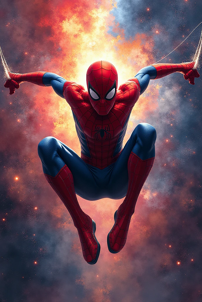 I want you to make me a painting of Spider-Man, but with a lot of themes that look like Big Bang Go or something like that, but with spiders and lots of Spider-Man references to movies and comics