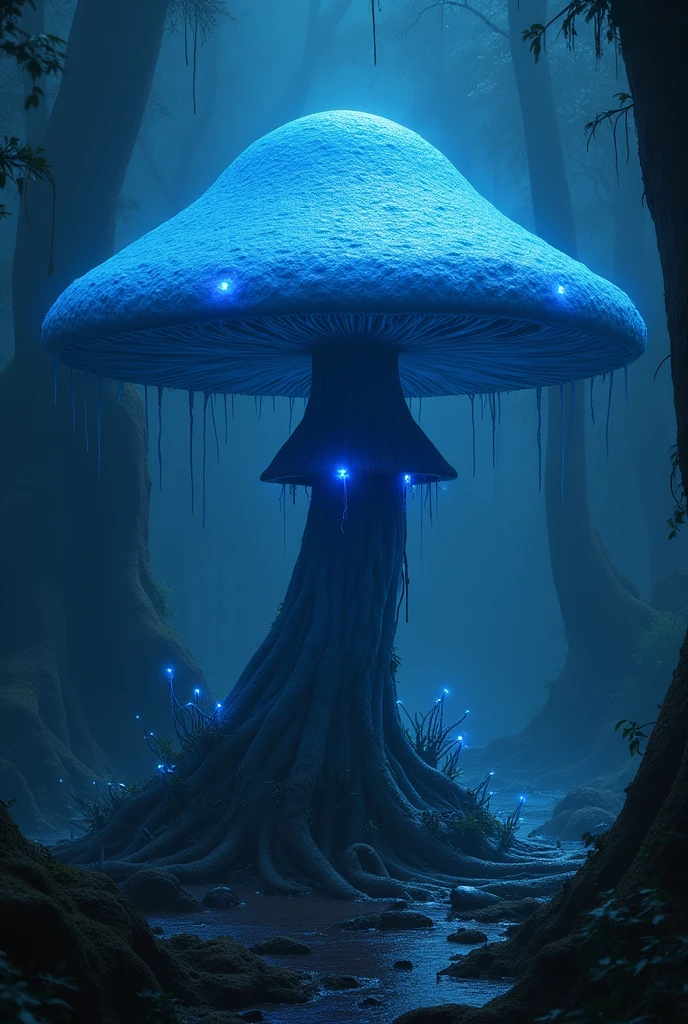 A big blue mushroom in the dark with realistic style