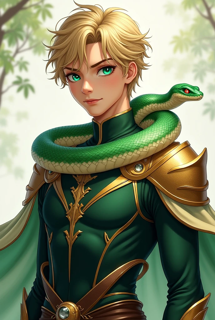Height and Build: Ryokku is a young man of medium-tall height, with an athletic build. Her presence is elegant and energetic, reflecting his skill in combat.

hair: She has blonde hair, with slightly wavy locks that fall messily over her forehead and the sides of her face. The hair is a light golden, giving a subtle glow under the light.

eyes: Her eyes are large and a vibrant emerald green.. They have an intense and determined shine, accentuated by well-defined, slightly arched eyebrows.

face: Ryokku has sharp, masculine facial features., with a strong jaw and a straight nose. Her skin is clear and looks healthy.. His expression is generally serene and confident., with a slight smile that sometimes appears on his face.

Upper Clothing:
Shoulder Armor: He wears light armor on his shoulders., Designed in shades of emerald green with gold and silver details. The armor is elegant, with silver embellishments that add a touch of sophistication and allow fluid mobility.

Neck and Chest Clothing: She wears a tight garment that covers the upper part of her torso., in a dark green tone with gold details. The garment is made of a material that allows freedom of movement and is decorated with stylized patterns that suggest the flow of the wind..

layer: on your shoulders, Ryokku wears a light cloak that flutters in the wind.. The cape is a deep green and has golden edges that reflect the light., adding a touch of elegance and fluidity to your look.

pet: Zephyra Name: Zephyra Description: Zephyra is a small magical snake, with emerald green scales and golden hues. He has big, bright, deep blue eyes., that contrast with the green of their scales.

Position and Behavior: Zephyra is coiled around Ryokku&#39;s neck, resting comfortably on your shoulders and upper torso. Its body is agile and flexible, allow