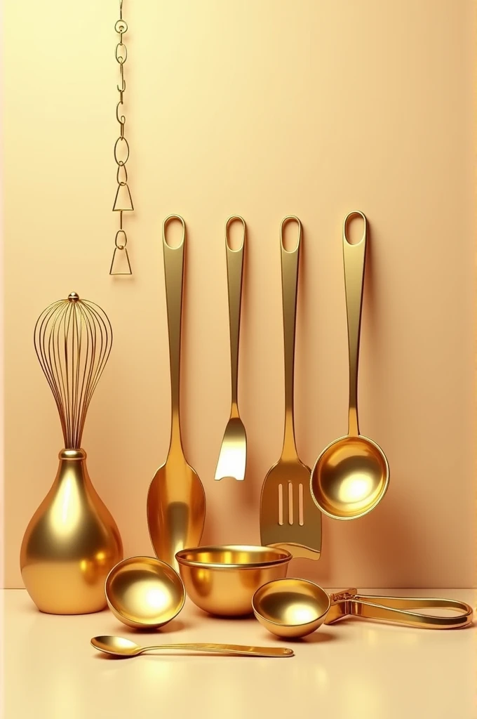 Kitchen utensils with a golden hue.