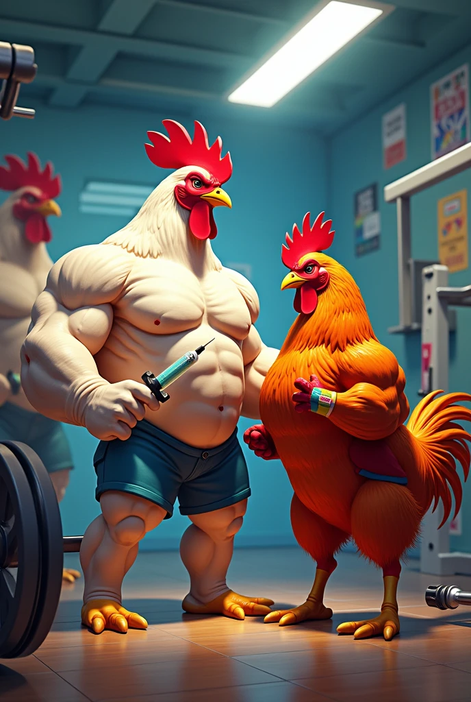 Make an image with 3 muscular chickens and another fat chicken with them doing LGBT gym and one chicken applying something to the other with a needle