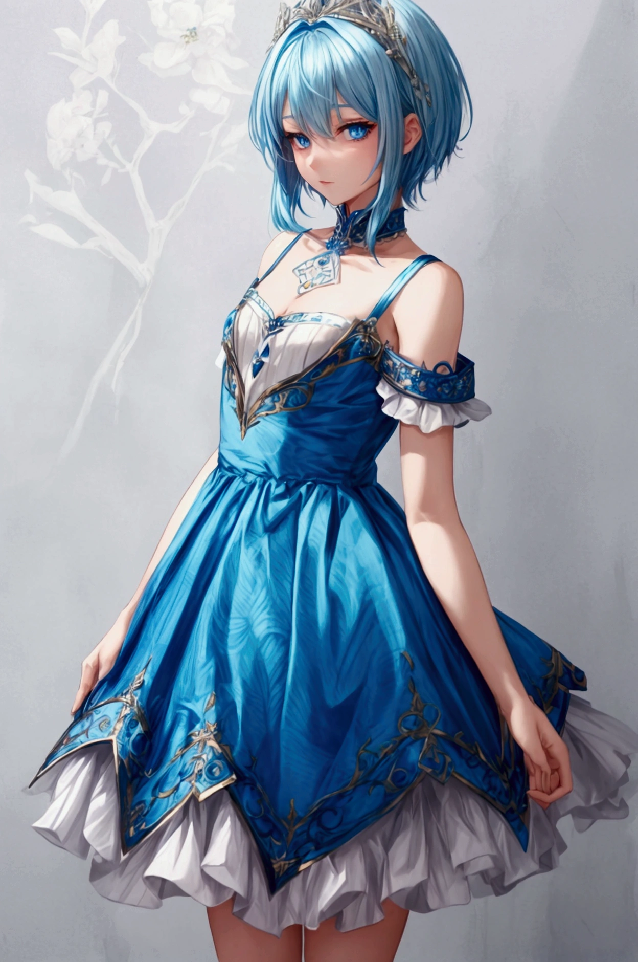 Blue haired boy with blue eyes, short height wearing a feminine outfit