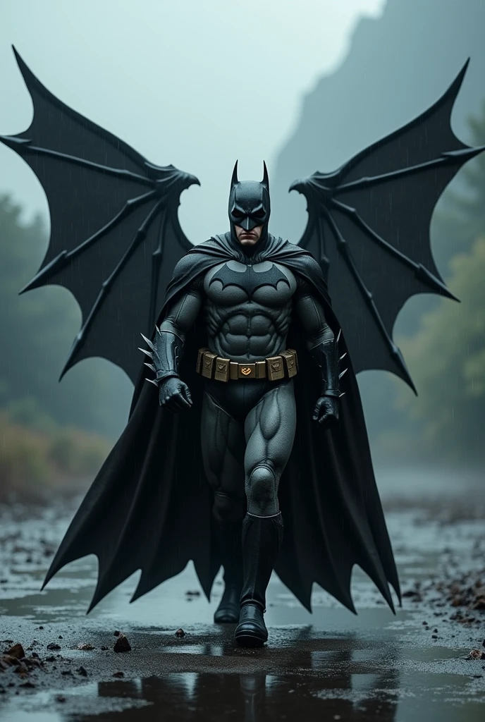 Realistic image of a batman with black wings walking towards camera on a rainy day with black fog background of mountain