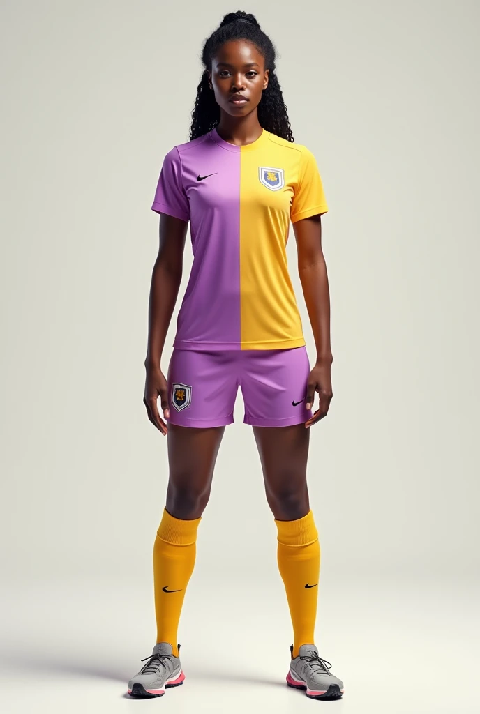 Hello, design me a uniform for a women's soccer team, pastel purple shorts,
half burnt yellow and pastel purple t-shirt and burnt yellow socks, woman full body looking forward. Without white color