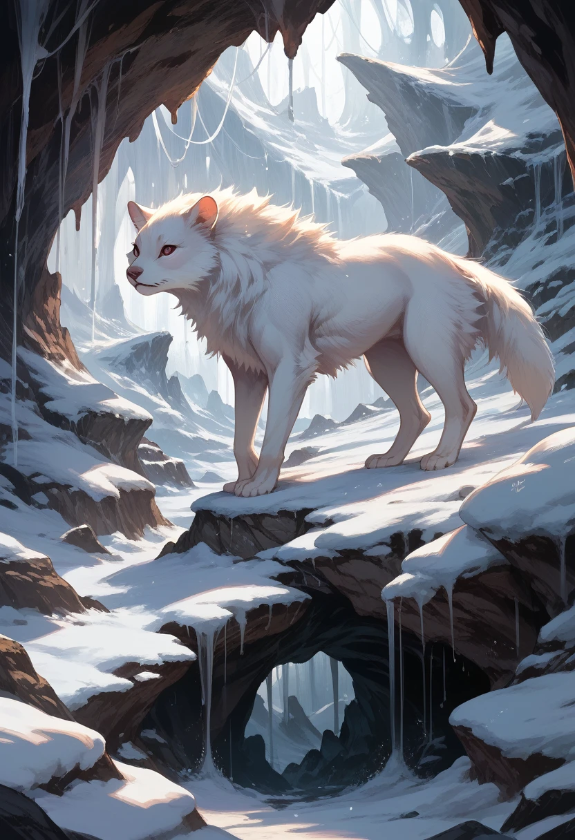 white spider in a snowy cave, detailed fur, anime