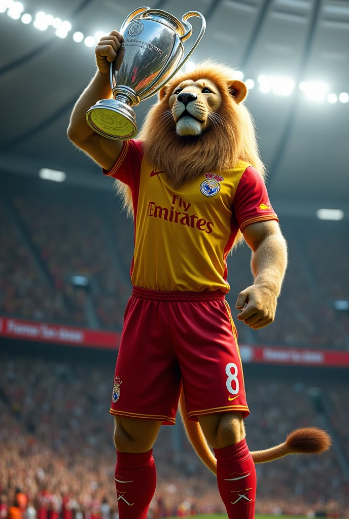 A lion lifts the Champions League trophy with his yellow and red jersey