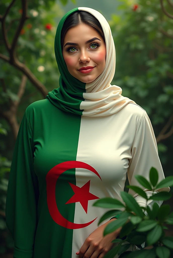 Best quality, high resolution, masterpiece: 1.3), fat woman in hijab, colored with the Algerian flag, half of the hijab is white and green, detailed, wonderful detail, masterpiece,  
(Big breasts), beautiful big eyes, green natural background, half portrait
