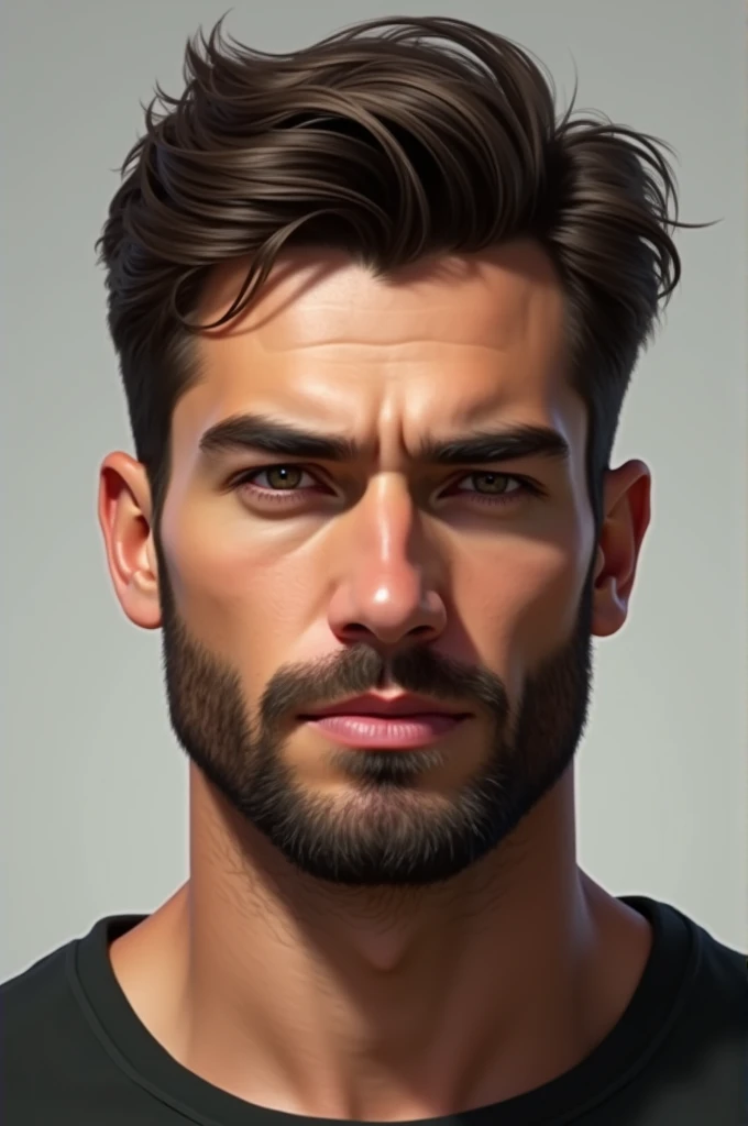 Create a face of an attractive man with well-defined, strong features. He should have a chiseled jawline, high cheekbones, and expressive eyes that are slightly almond-shaped. His nose is straight and proportionate, with a slight bridge. The eyebrows are thick and well-groomed, framing his eyes perfectly. His lips are symmetrical, with a moderate fullness that gives a confident, yet approachable look. The face has a balanced proportion, with no feature overpowering the others. He has a light stubble or short beard that adds a rugged, masculine touch to his appearance