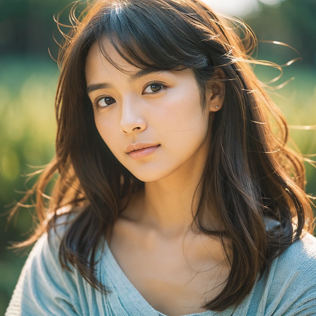 A hyper-realistic image of a single Japanese woman in her early 20s, captured with the nostalgic warmth and subtle graininess of a film camera. Her skin has a warm beige tone with a natural, slightly rough texture that includes visible pores, fine lines, and subtle imperfections such as small blemishes, adding to the authenticity of her appearance. The soft, diffused natural light enhances the film-like quality, casting gentle shadows that create a timeless, organic feel. Her straight, glossy black hair frames her face in a natural, slightly tousled manner, and her deep brown eyes reflect the ambient light, adding depth and emotion. The film camera effect introduces a slight grain and a softer focus, giving the image a warm, nostalgic atmosphere while maintaining the realistic texture of her skin. She is dressed simply, in a way that complements her natural beauty, with the overall composition designed to evoke a sense of genuine, understated elegance. The use of natural light, combined with the deliberately rougher texture of her skin and the film-like qualities, ensures that this image captures the imperfections that make her beauty truly lifelike, focusing solely on this one individual.