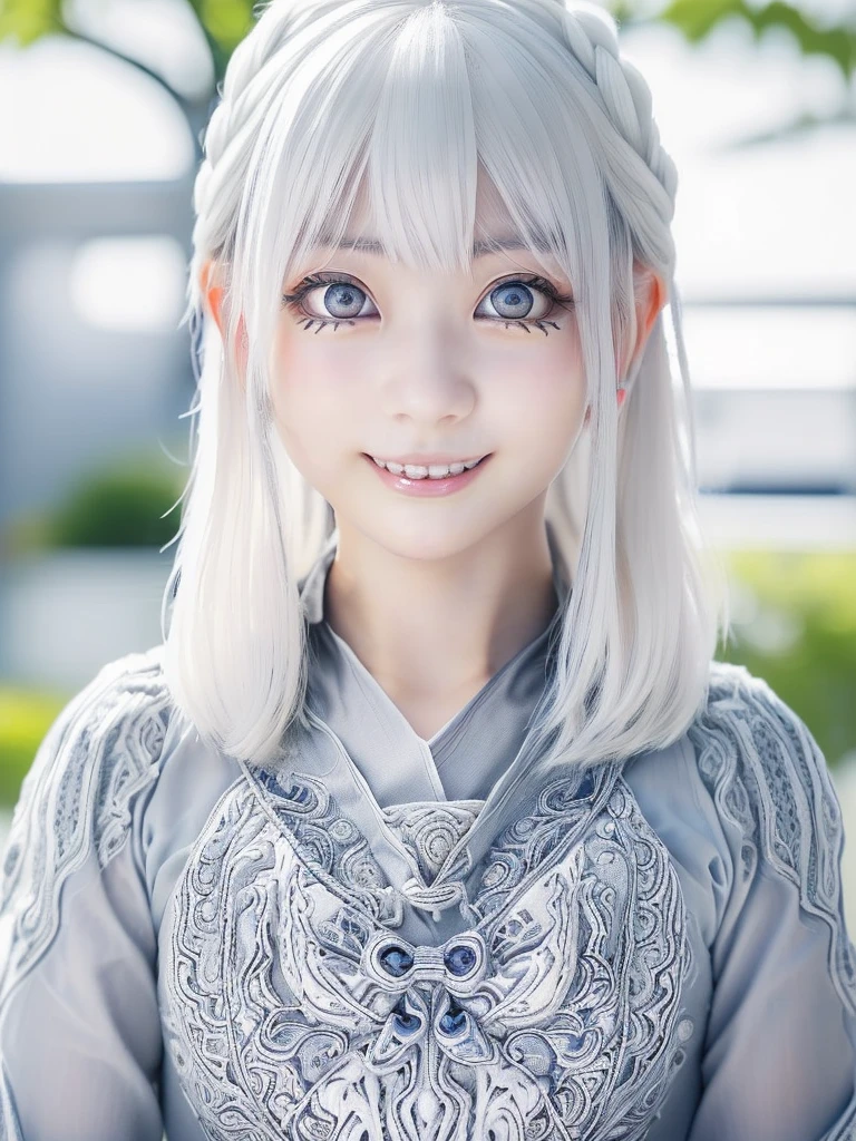 a young beautiful Japanese girl with short platinum silver hair,large clear eyes,droppy eyes,a balanced gaze,and a sweet smile,Nordic beauty,(wearing a detailed ウェディングドレス:2.0),highly detailed and realistic,8K,ultra-detailed,photorealistic,masterpiece,Highres fix