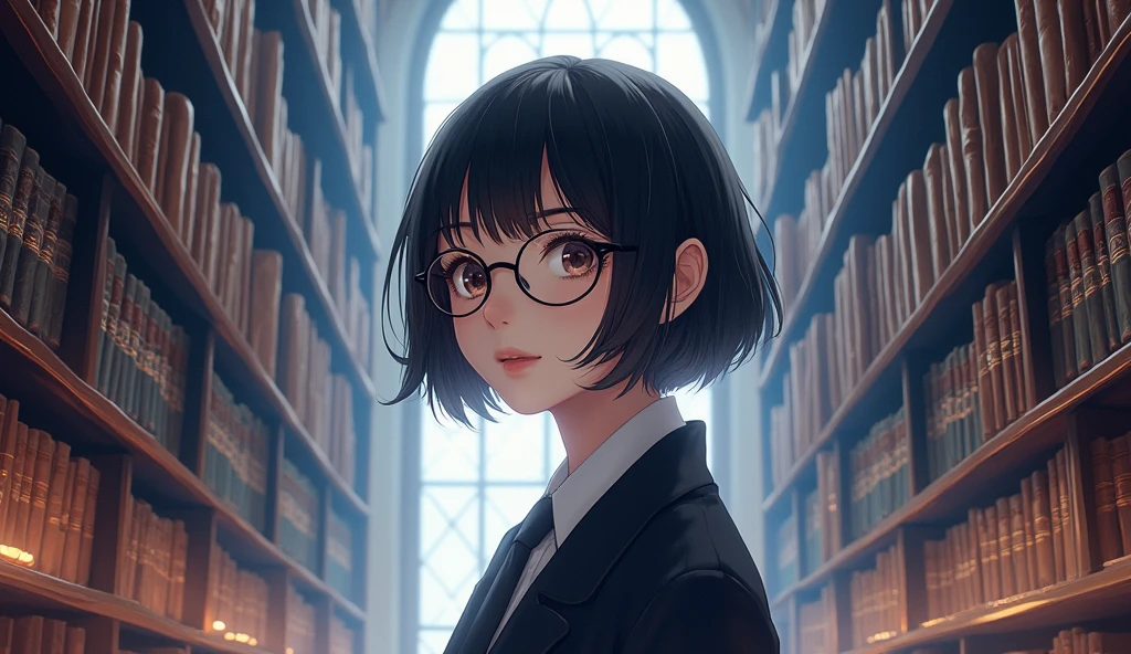 ((Highly detailed anime art)),Bookshelves stacked high,Fantasyの図書館,Fantasy,librarian,Short Hair,Glasses,((masterpiece, Highest quality, Extremely detailed CG, unity 8k wallpaper )),(masterpiece, Highest quality, Highest quality, Official Art, beautiful),Very vivid,High-precision images,Ultra-high resolution,Great art,Poster Art,Impressive photos,Impressive art,beautiful顔,Perfect Face