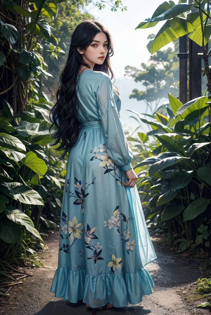 only one girl, long black wavy hair, blue eyes, standing far away while looking behind, wearing a blue green dress with plumeria flowers printed, night time, fireflies, plantation of white plumeria flower, Sparkle, Silhouette, Accurate, Masterpiece, High Resolution,