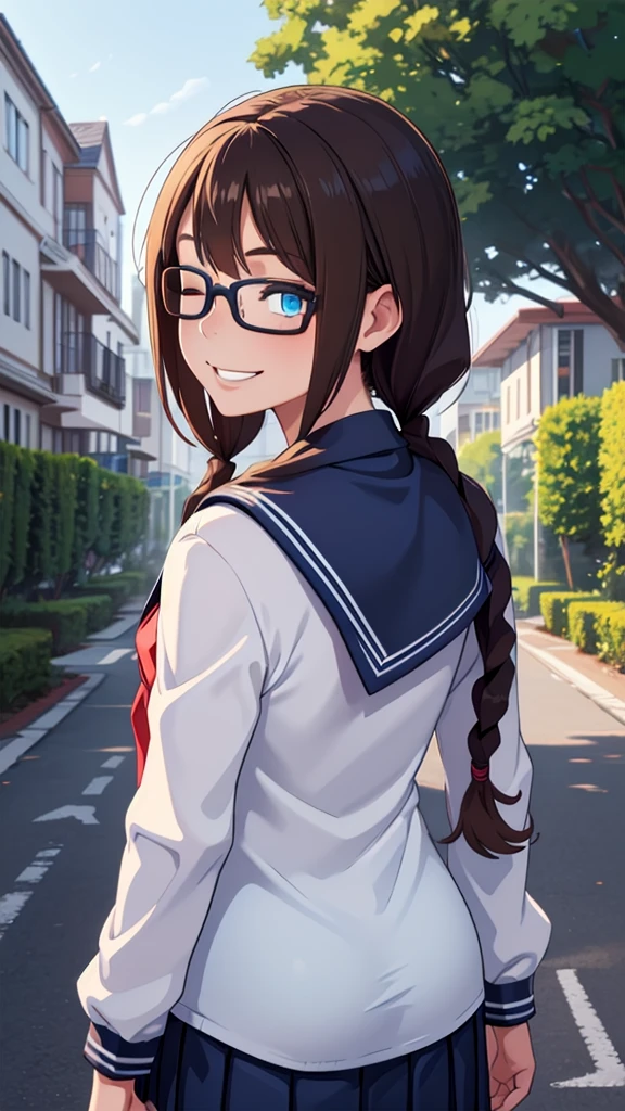 (masterpiece, best quality), 1girl,   defSaki, blue eyes, twin braids, hair over shoulders, glasses, blue shirt, serafuku, neckkerchief, long sleeves, pleated skirt,back view,turn around, all eyes closed,Toothy smile,half body 