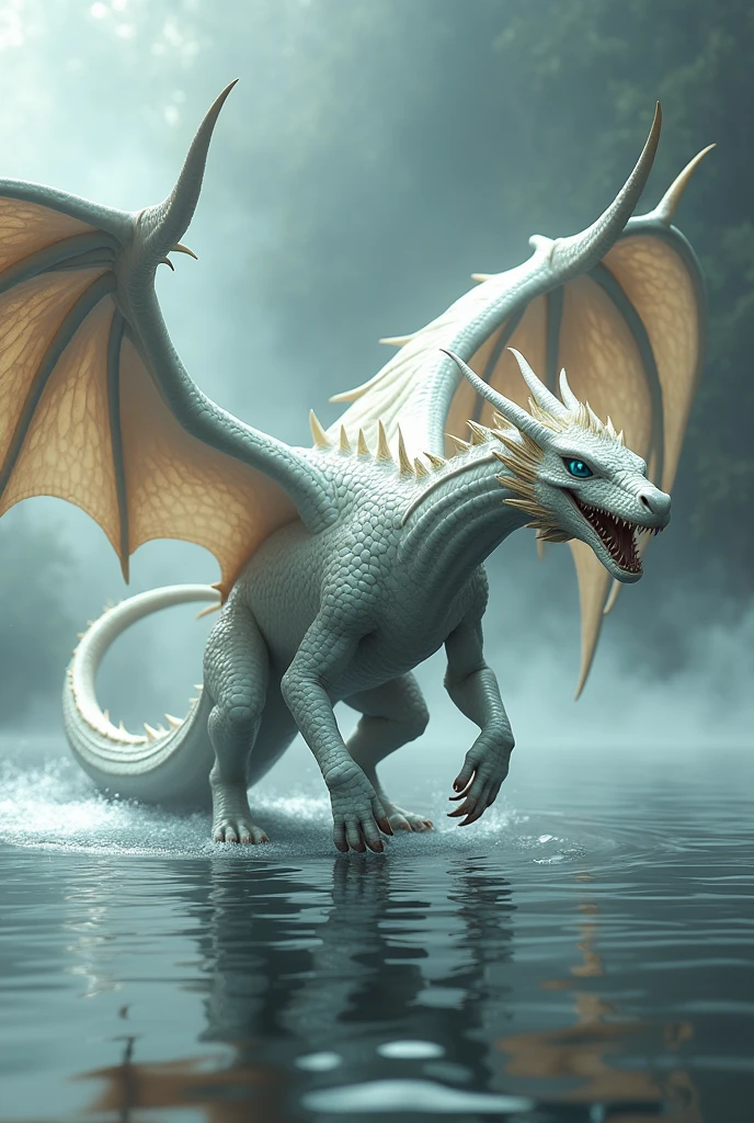 Side view of a beautiful 4 legged large female white dragon with large wings and serpent qualities, and angry blue snake eyes walking on all 4 legs in shallow water, fierce features, sharp teeth, long tail, spikes along head and back with serpent-like quality features, The wings of the dragon are in full view.