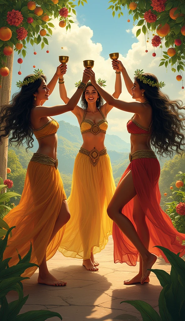 Create an image set in barbarian Sumeria showing three beautiful young women dancing in a circle, raising their bronze cups in a toast of joy. They are surrounded by fruits and flowers, symbolizing abundance and happiness. Every woman wears a laurel wreath, representing victory and success. Remember that we are in the land of barbarians and sorcerers.