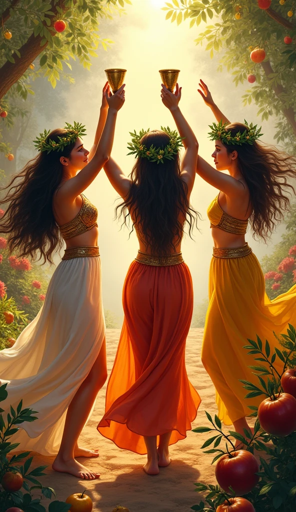 Create an image set in barbarian Sumeria showing three beautiful young women dancing in a circle, raising their bronze cups in a toast of joy. They are surrounded by fruits and flowers, symbolizing abundance and happiness. Every woman wears a laurel wreath, representing victory and success. Remember that we are in the land of barbarians and sorcerers.