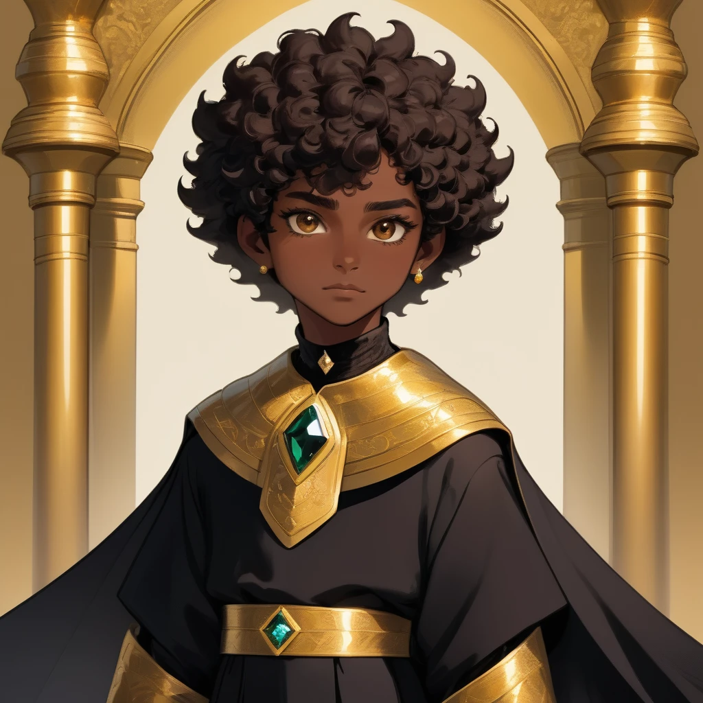 (Boy1),(Solo portrait of a boy),(short curly black curly hair in),(dark brown skin color:1.5),(dark brown eyes),(height meter 1,80cm),(Average physical height of a 1 adolescent,(kAverage physical height of a 1 adolescent,(),(young body and youthful appearance),(oval-shaped face and thick flattened nose a little thin and big mouth more a little thin and cheeks a little thin more in normal size he makes an expression of hatred and disgust),(wearing),+,(an 8th century emperor's garment consisting of a stylish shiny black cape and a blouse made of fine noble wool with gold threads and black fabric with sinissa undertones and a black pair of pants with gold threads and made of cotton and black boots with gold accents and around the neck an oval necklace made of gold with a diamond gemstone in the center)