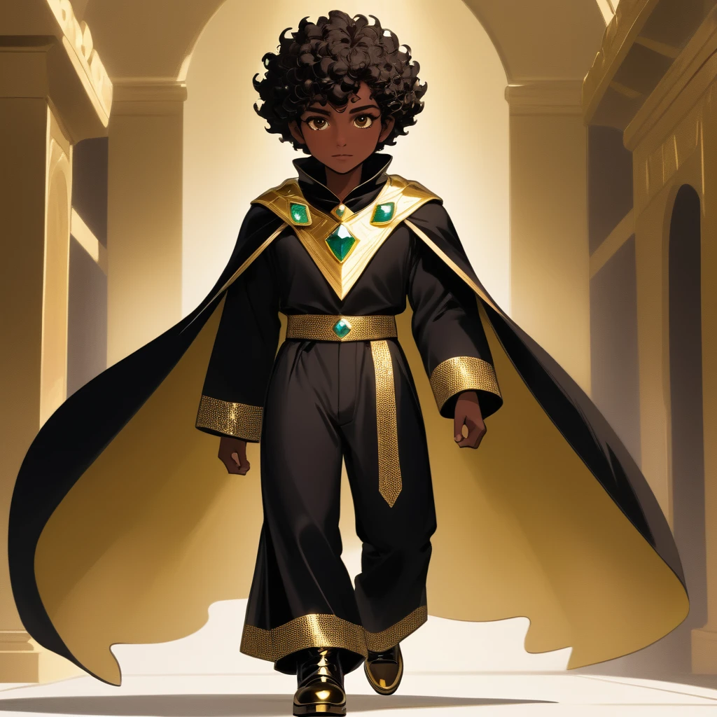 (Boy1),(Solo portrait of a boy),(short curly black curly hair in),(dark brown skin color:1.5),(dark brown eyes),(height meter 1,80cm),(Average physical height of a 1 adolescent,(kAverage physical height of a 1 adolescent,(),(young body and youthful appearance),(oval-shaped face and thick flattened nose a little thin and big mouth more a little thin and cheeks a little thin more in normal size he makes an expression of hatred and disgust),(wearing),+,(an 8th century emperor's garment consisting of a stylish shiny black cape and a blouse made of fine noble wool with gold threads and black fabric with sinissa undertones and a black pair of pants with gold threads and made of cotton and black boots with gold accents and around the neck an oval necklace made of gold with a diamond gemstone in the center)