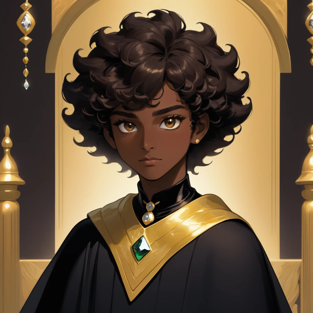(Boy1),(Solo portrait of a boy),(short curly black curly hair in),(dark brown skin color:1.5),(dark brown eyes),(height meter 1,80cm),(Average physical height of a 1 adolescent,(kAverage physical height of a 1 adolescent,(),(young body and youthful appearance),(oval-shaped face and thick flattened nose a little thin and big mouth more a little thin and cheeks a little thin more in normal size he makes an expression of hatred and disgust),(wearing),+,(an 8th century emperor's garment consisting of a stylish shiny black cape and a blouse made of fine noble wool with gold threads and black fabric with sinissa undertones and a black pair of pants with gold threads and made of cotton and black boots with gold accents and around the neck an oval necklace made of gold with a diamond gemstone in the center)