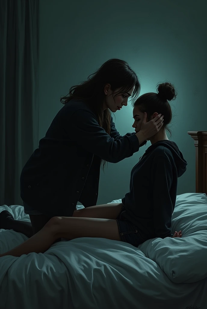 black woman hair in a bun black hoodie black leather short shorts laying in the bed upright as a old ugly woman is on top of her eating her pussy out bedroom