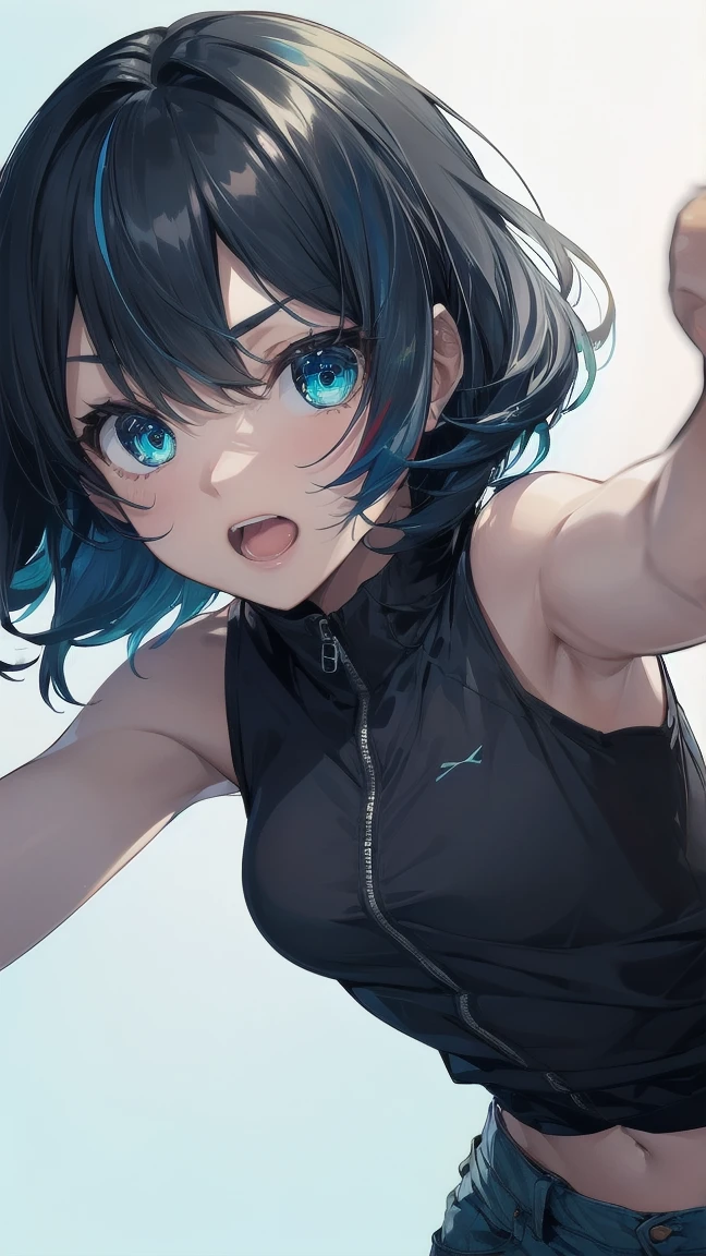Close-up of a manga girl with blue hair and a yellow shirt, 2D Animation, 2D Animation style, 2D Art, 2D Art, 2D from Gorillaz, 2D from Gorillaz, 2D Gorillaz, Screaming Cerket, 2D Sprite, Jinx Face, short hair, Small breasts, hot pants, ((Black Hair, Inner bright blue hair:1.4))