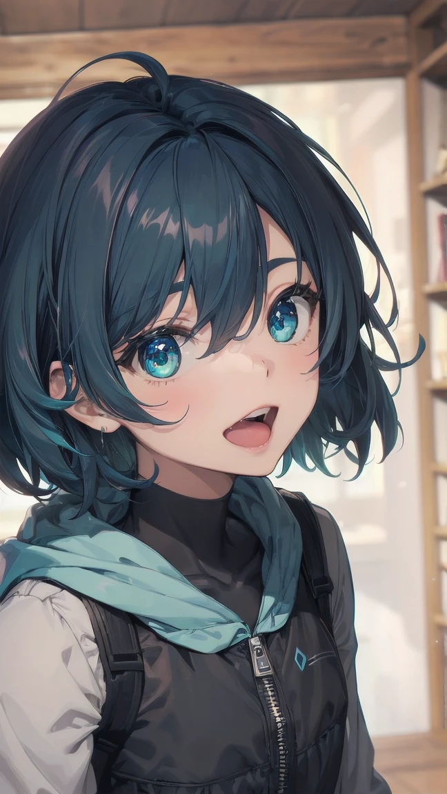 Close-up of a manga girl with blue hair and a yellow shirt, 2D Animation, 2D Animation style, 2D Art, 2D Art, 2D from Gorillaz, 2D from Gorillaz, 2D Gorillaz, Screaming Cerket, 2D Sprite, Jinx Face, short hair, Small breasts, hot pants, ((Black Hair, Inner bright blue hair:1.4))