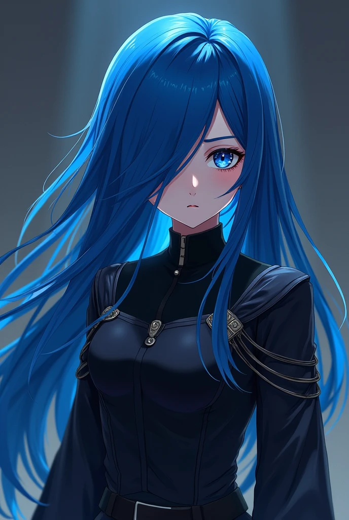 Anime girl with blue hair and eyes, her hair covering one eye with black shinigami clothing