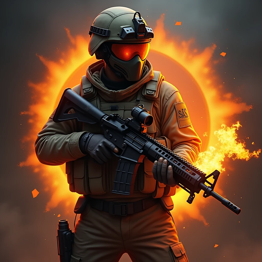 a dynamic and intense logo, flame-wielding SAS soldier in Counter-Strike style, headshot moment with powerful flame effects, Counter-Strike color palette, energy, precision, gaming prowess, intricate artwork, matte painting, golden ratio, vibrant, highly detailed, epic cinematic character render
