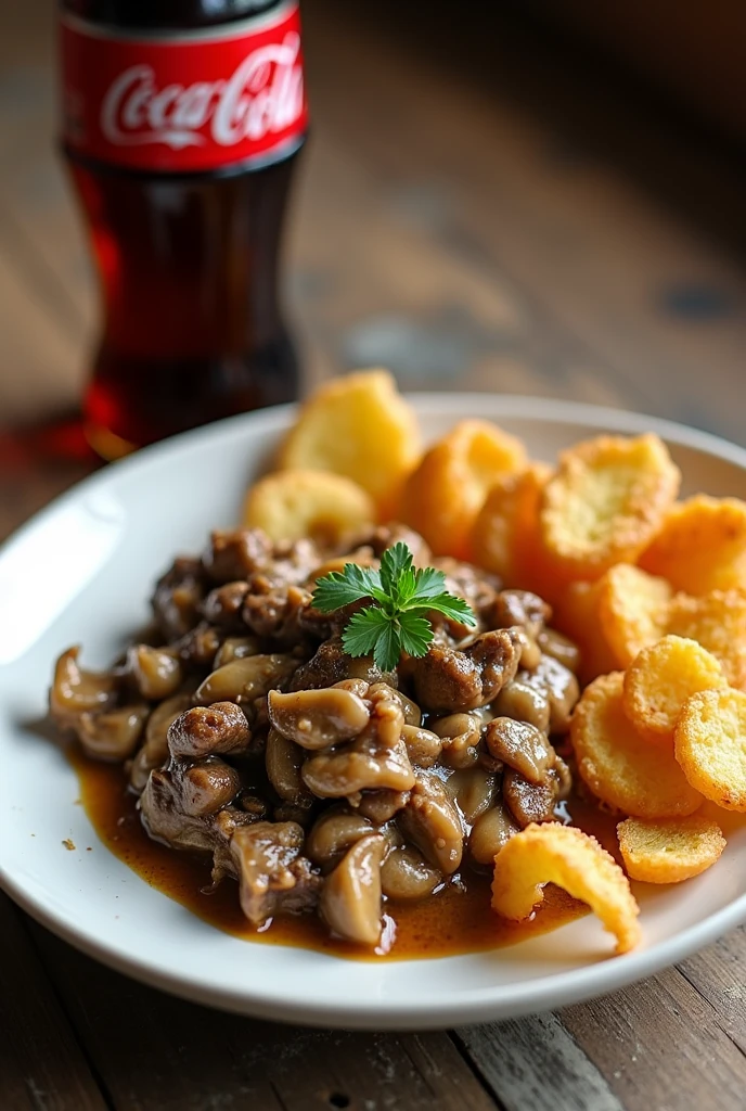 A plate of Stroganoff with straw potatoes and a Coca-Cola 