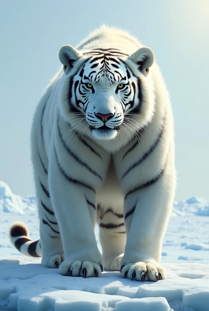 Tiger and polar bear in mix image standing at two legs on ice with the face and tail of tiger and body of polar bear