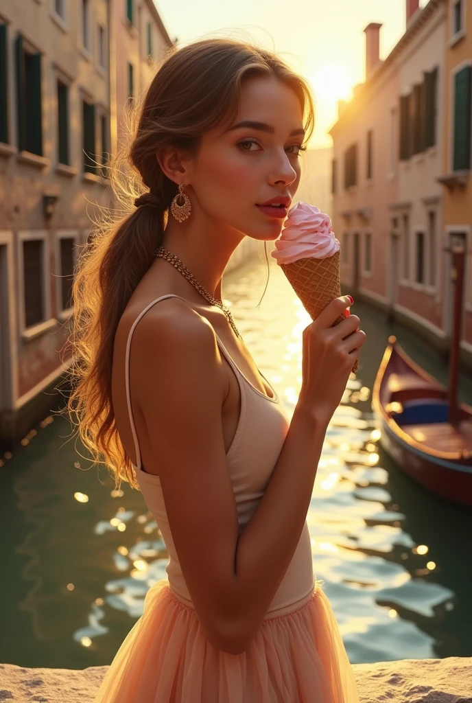 a striking portrait of a young woman with fair skin, celebrated for her beauty, wearing a popular casual tank top and flowy skirt. Set in the picturesque streets of Venice during sunset, the golden light reflects off the canals, enhancing her elegance as she enjoys a gelato, surrounded by the charm of the city