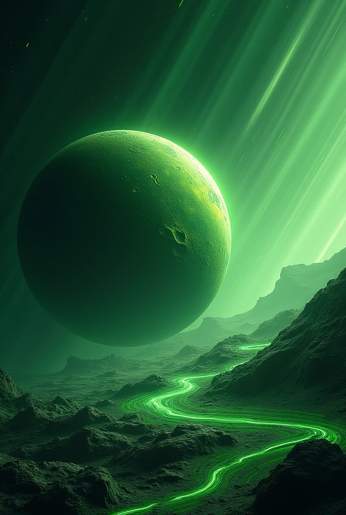 A Pluto-like planet, only green, just the planet in space with a bunch of lines passing behind it from the upper right corner to the lower left corner and below in front a bunch of lines from the lower right side to the lower left side.
