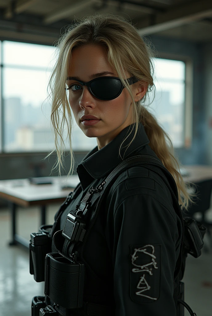 (best quality, photorealistic, ultra detailed) A woman around thirty years old in a room with a large iron table in the middle, the room has a large window overlooking a devastated city, she is wearing black military pants with equipment and a black military top, she is blonde and has blue eyes, one of her eyes is covered by a black eye patch, realistic lighting, closeup portrait, serious expression 