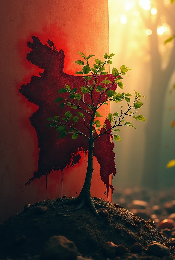 From the left side, the bloody map of Bangladesh is covered with blood on a tree sapling, and on the right, sunlight is falling on the sapling.