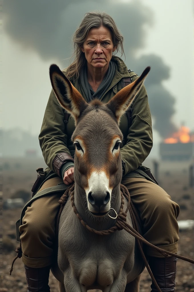 Ugly lady sitting on donkey for war