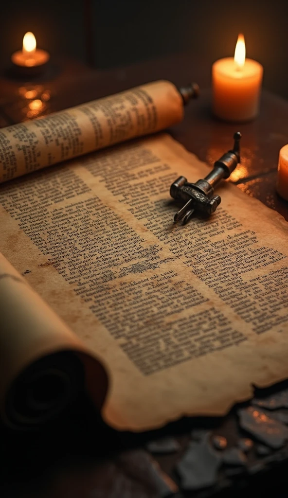  A dramatic close-up of a historical manuscript or scroll detailing infibulation practices. The scroll is partially unfurled, showing ancient Greek text and illustrations of the device, set against a backdrop of flickering candlelight