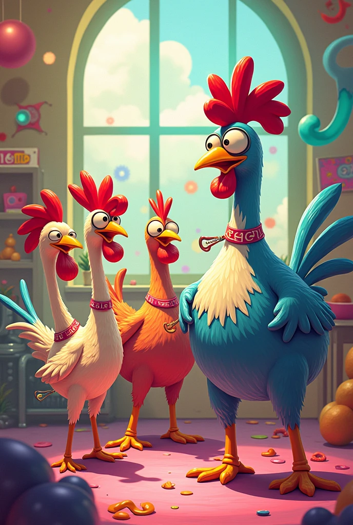 Make an image with 3 very thin chickens and another fat chicken with them doing lgbt gym and one chicken applying something to the other with a needle