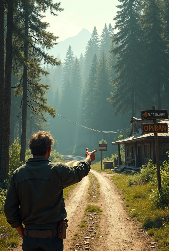 A man in his 40s from the gas station in the forest is pointing out the path to the left road. 