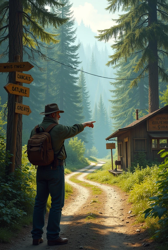 A man in his 40s from the gas station in the forest is pointing out the path to the left road.