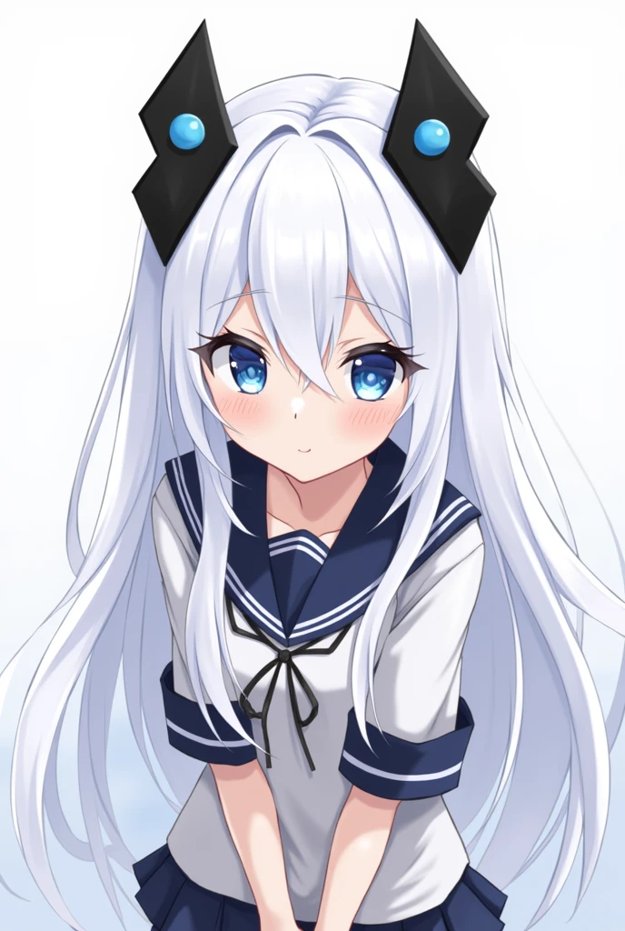 A Japanese anime style girl with long white hair,M-shaped bangs,She has a pair of blue eyes,There are only two black diamond-shaped arrow-shaped headdresses on her head. There is only one blue round bead on each diamond-shaped arrow. There is a round bead in the middle of the diamond-shaped arrow-shaped headdress.,Wearing a sailor suit,Cleavage is faintly visible,Wearing white on the legs,Chest size is normal