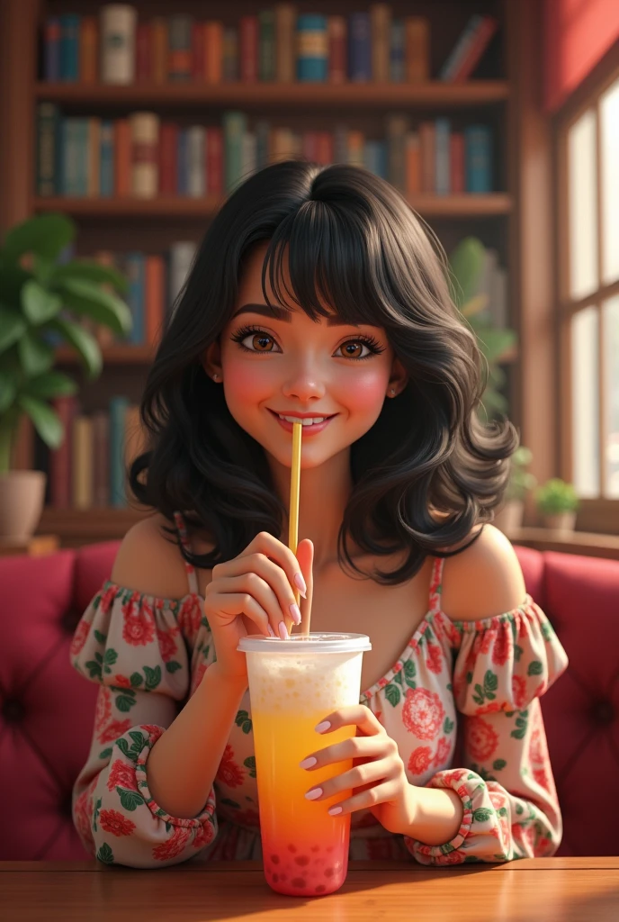 Create an image of chubby latina woman with shoulder length hair with bangs sipping boba tea in cute Library in background