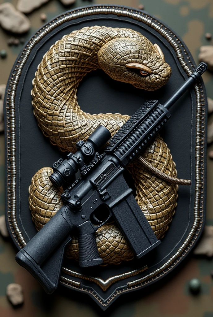 Military patch of a snake in the shape of the number 6, with m16 rifle and the legend of 6th Platoon