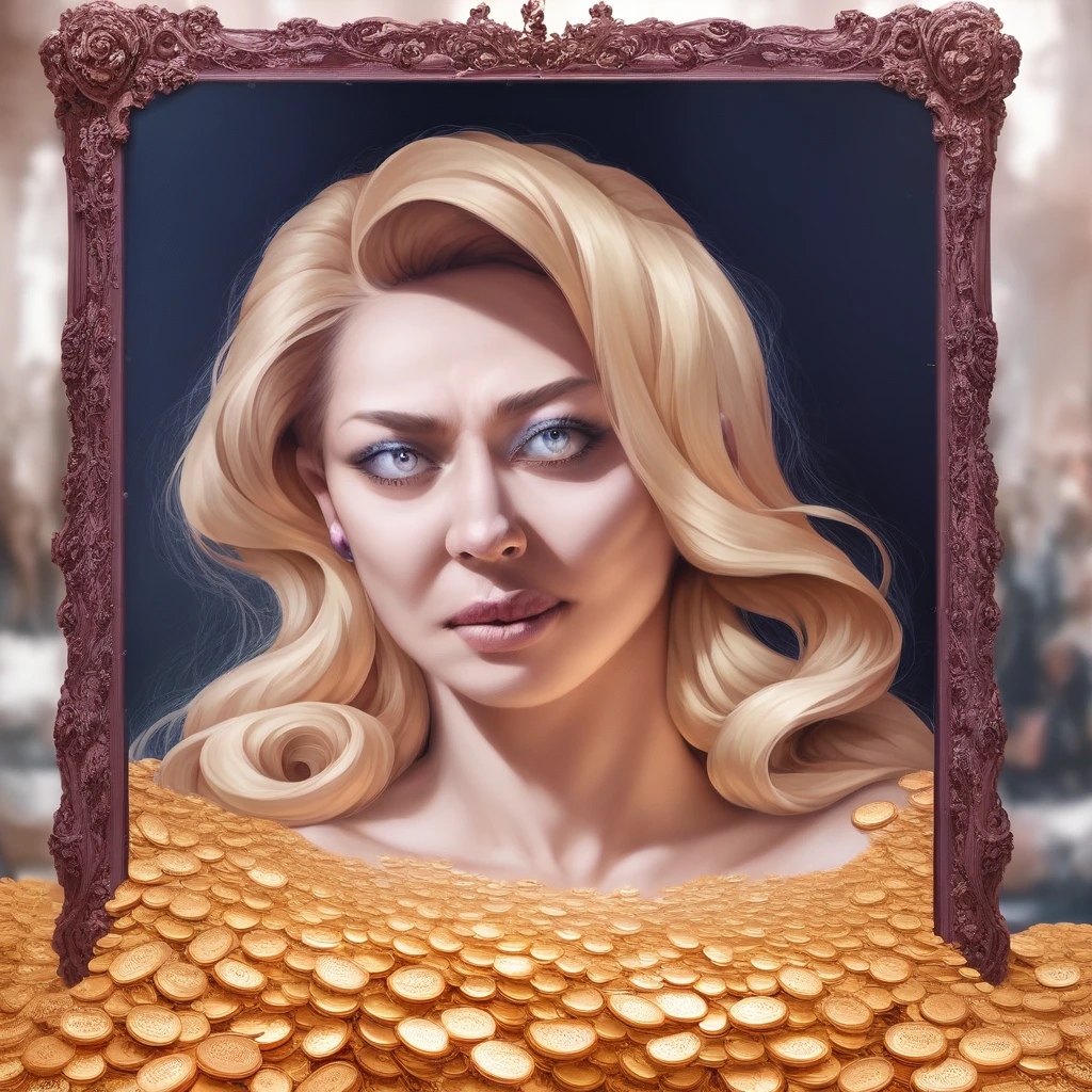 a beautiful woman with long golden yellow hair, surrounded by golden coins, extremely sexy, busty, curvy, (best quality,4k,8k,highres,masterpiece:1.2),ultra-detailed,(realistic,photorealistic,photo-realistic:1.37),intricate details, detailed face, detailed eyes, detailed lips, high fashion, ornate jewelry, opulent, luxurious, opulent background, shimmering lighting, warm colors, rich tones