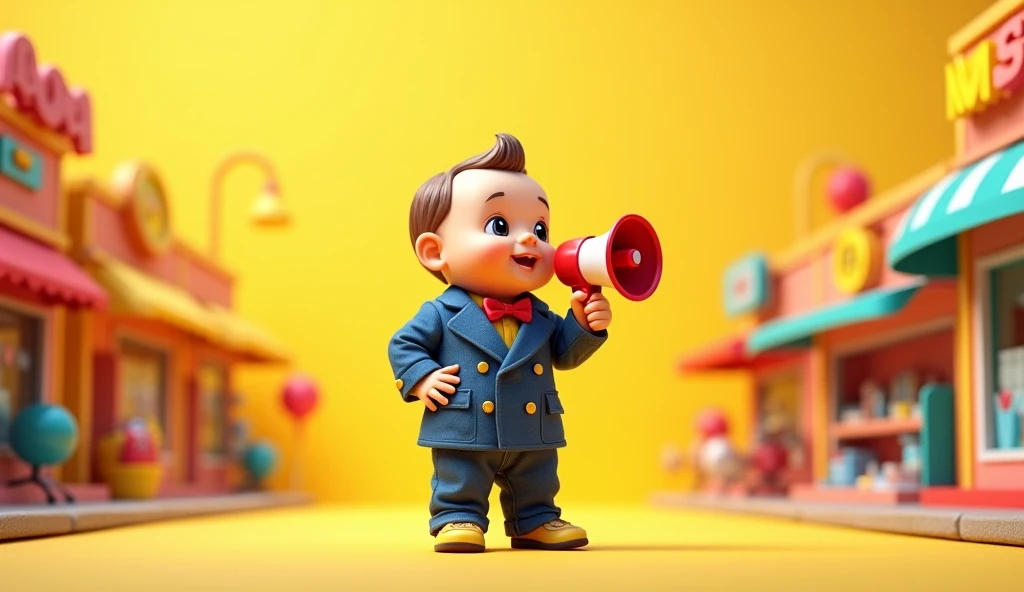 a wallpaper with a baby in a suit with a megaphone, yellow gradient background holding hot products in stores in cartoon
