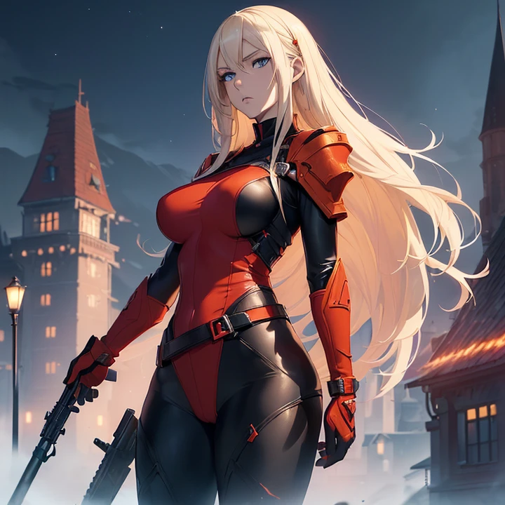 Anime Style, Character Design, HD, Best Quality, Masterpiece, High Details, High resolution, fantasy, carefully detailed, no deformities.
{{(1character: a 2 young woman assassin:(very pale skin, long straight blonde hair, she stands 1,83 meters tall, voluptuous body complexion, blue eyes, sharp nose, thin lips, medium breasts, nice hips),(red fullbodysuit, orange shoulder pads, black gloves, red belt, black longboots),(worried expression, serious closed mouth, on guard pose ever-vigilant, holding her sniper rifle with both hands),(night time, dark night sky, mansion rooftop, norway fantasy city version, colorful towers))}}