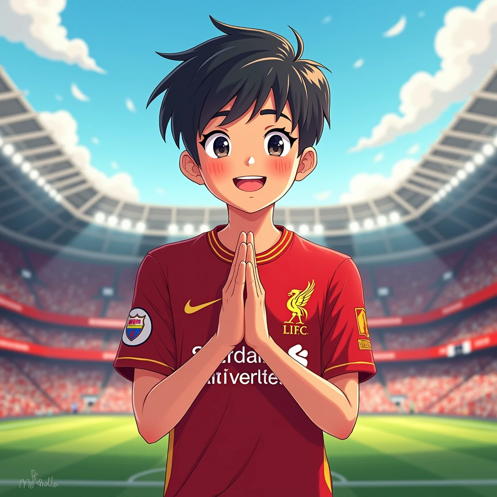 Cute guy smiling in manga style, bowing like a Thai and wearing a Liverpool shirt, standing in cartoon style. High quality dynamic photo, detailed and colorful. Realistic and colorful pose, background is Andfield stadium.