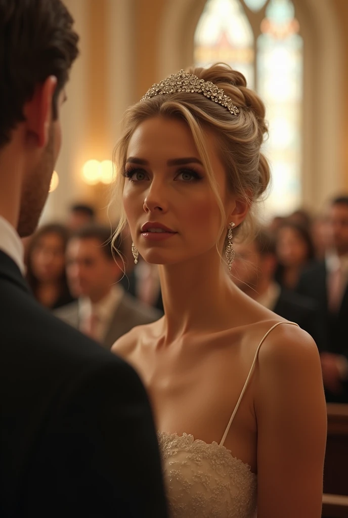 Cinematic action scene for romantic modern novel where MALEFICENT DANICA looking on Priest in beautiful and elegant church with soft lighting and full off guests. MALEFICENT DANICA, an elegant bride in her 30s. The woman appears elegant and romantic. Her hair is styled in an updo, with her blonde or light brown hair gathered at the back of her head. A decorative hair accessory, resembling a floral or jeweled headband, adorns her hairstyle. She wearing a luxury wedding, as her shoulders and upper chest are bare. The woman is wearing earrings that appear to be dangling or drop-style, adding to her sophisticated look. Her makeup is noticeable but elegant, with what appears to be darker eye makeup enhancing her eyes. Cinematic action scene, highly detailed, Close Up shot, Point of View Shot, Eye Level Shot, 4K, highly detailed, epic scene, dynamic scene. The lighting in the scene creates a soft outline and adding drama and depth to the image.