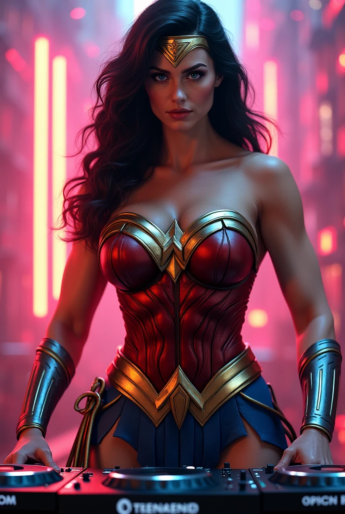 Wonder woman, big breasts, Realistic, perfect body, full body, Busty, Touching the Dj